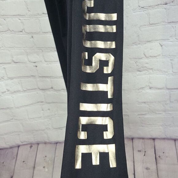 Justice Girls 10 Black Gold Logo Ankle Crop Legging Casual Stretch Knit Pants - Picture 3 of 5